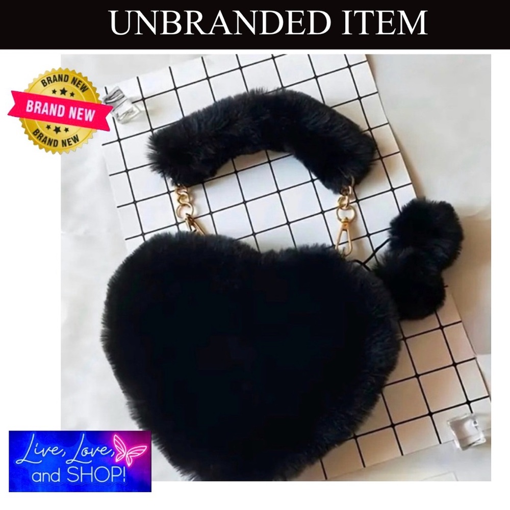 Luxurious Black Faux Fur 🖤 Shaped Plush Crossbody w/Matching Keychain. NW…